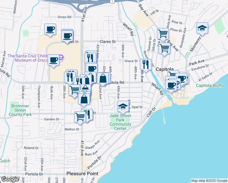 map of restaurants, bars, coffee shops, grocery stores, and more near 4475 Diamond Street in Capitola