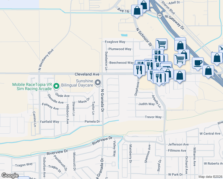 map of restaurants, bars, coffee shops, grocery stores, and more near 123 North Way in Madera