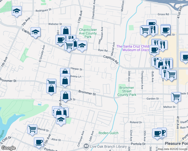 map of restaurants, bars, coffee shops, grocery stores, and more near 2378 Harper Street in Santa Cruz
