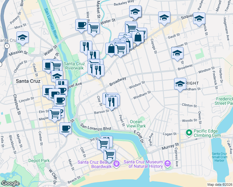 map of restaurants, bars, coffee shops, grocery stores, and more near 315 Ocean View Avenue in Santa Cruz