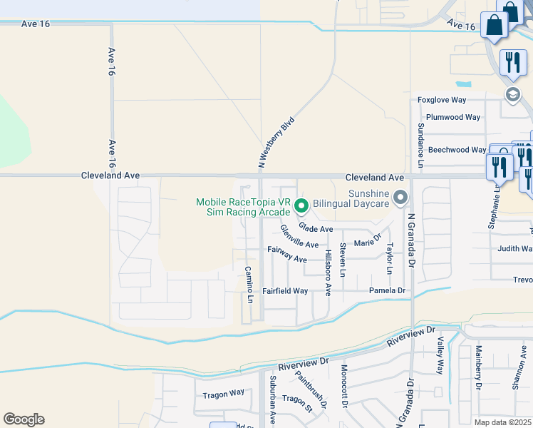map of restaurants, bars, coffee shops, grocery stores, and more near 3271 Forum Way in Madera