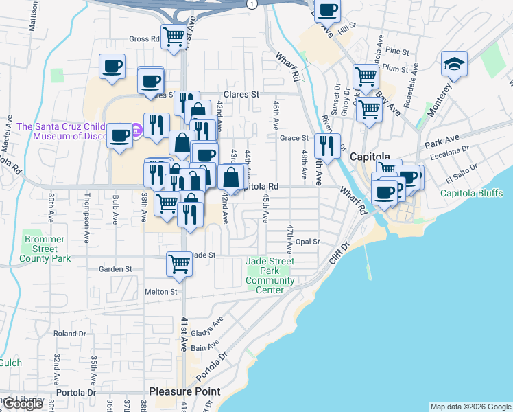 map of restaurants, bars, coffee shops, grocery stores, and more near 4475 Diamond Street in Capitola