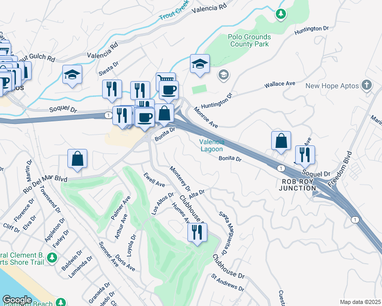 map of restaurants, bars, coffee shops, grocery stores, and more near 431 Loma Prieta Drive in Aptos