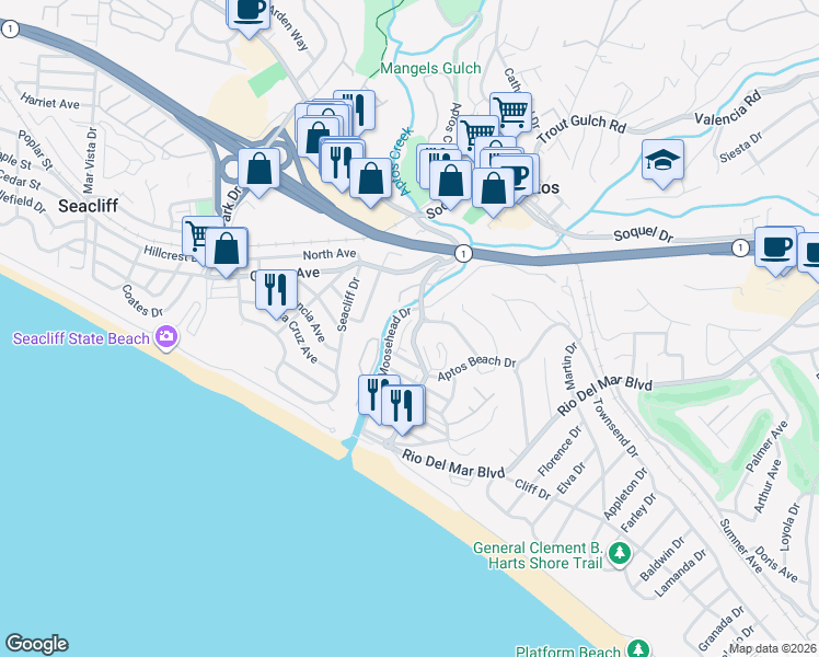 map of restaurants, bars, coffee shops, grocery stores, and more near 207 Forest Drive in Aptos
