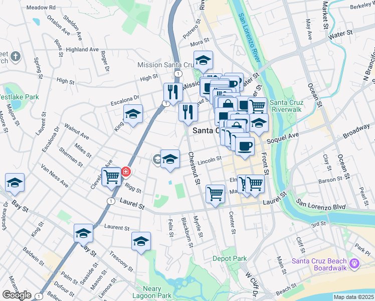 map of restaurants, bars, coffee shops, grocery stores, and more near 304 Walnut Avenue in Santa Cruz