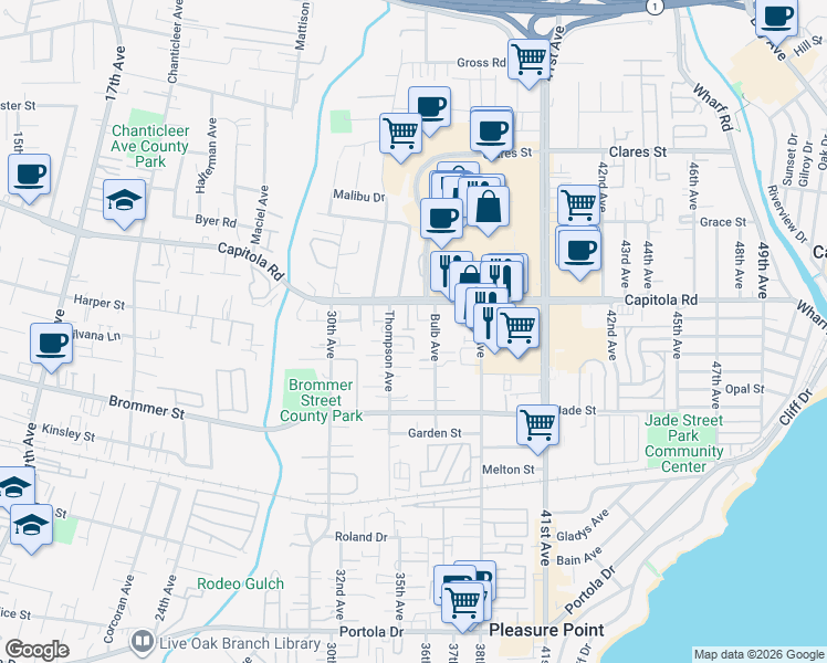 map of restaurants, bars, coffee shops, grocery stores, and more near 1576 Heritage Lane in Santa Cruz