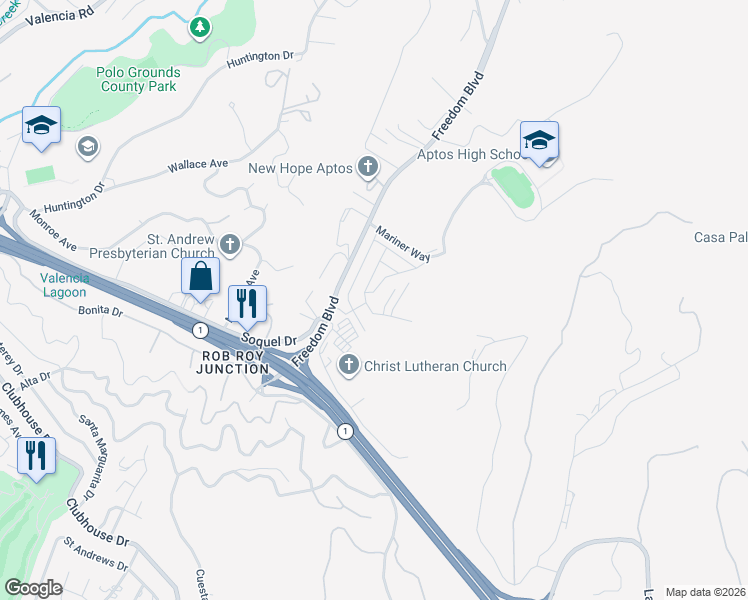 map of restaurants, bars, coffee shops, grocery stores, and more near 109 Cherry Blossom Lane in Aptos