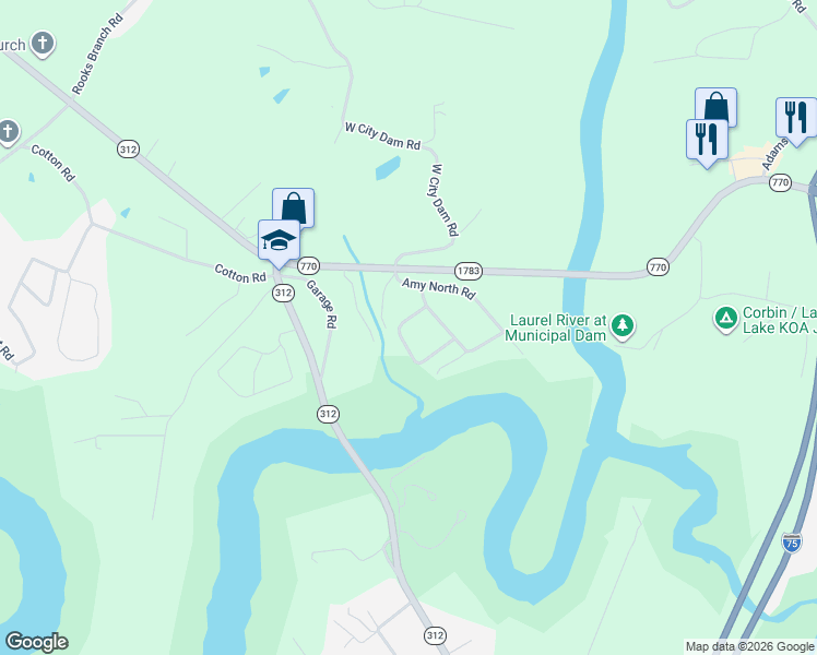 map of restaurants, bars, coffee shops, grocery stores, and more near 178 Eagles Nest Road in Corbin