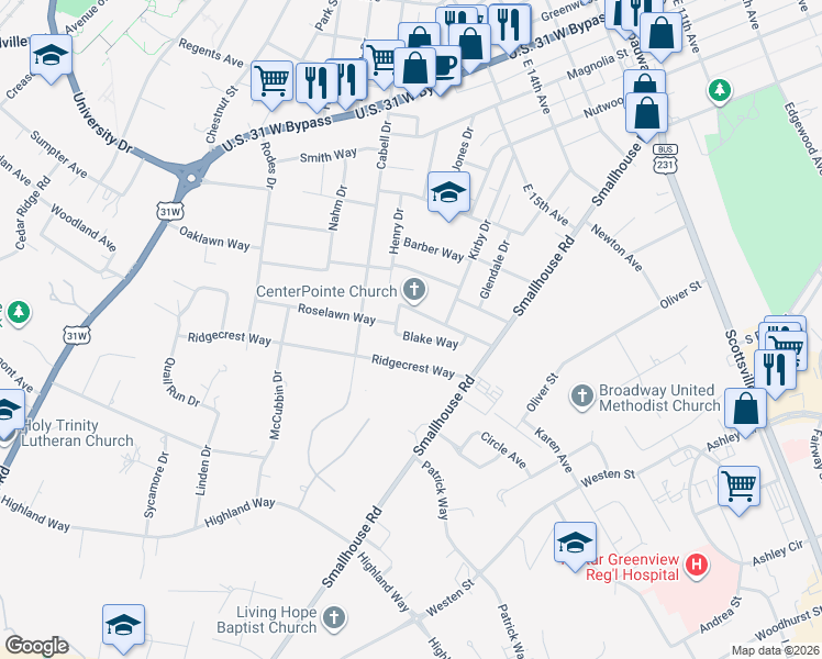 map of restaurants, bars, coffee shops, grocery stores, and more near 1000-1098 Roselawn Way in Bowling Green