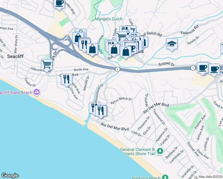 map of restaurants, bars, coffee shops, grocery stores, and more near 298 Moosehead Drive in Aptos