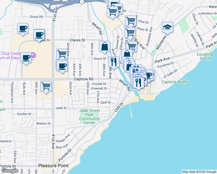 map of restaurants, bars, coffee shops, grocery stores, and more near 4930 Capitola Road in Capitola