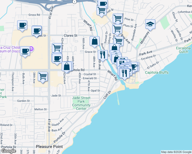 map of restaurants, bars, coffee shops, grocery stores, and more near 4790 Capitola Road in Capitola
