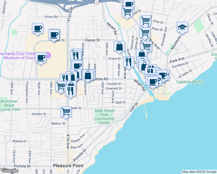 map of restaurants, bars, coffee shops, grocery stores, and more near 4610 Capitola Road in Capitola