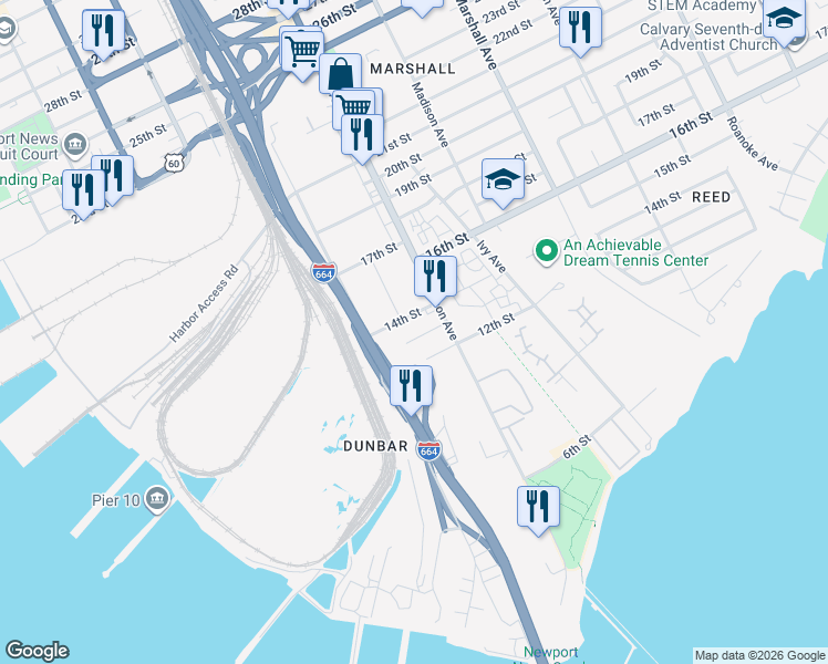 map of restaurants, bars, coffee shops, grocery stores, and more near 555A 14th Street in Newport News