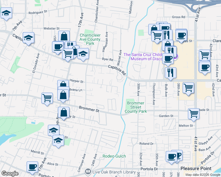 map of restaurants, bars, coffee shops, grocery stores, and more near 2435 Harper Street in Santa Cruz
