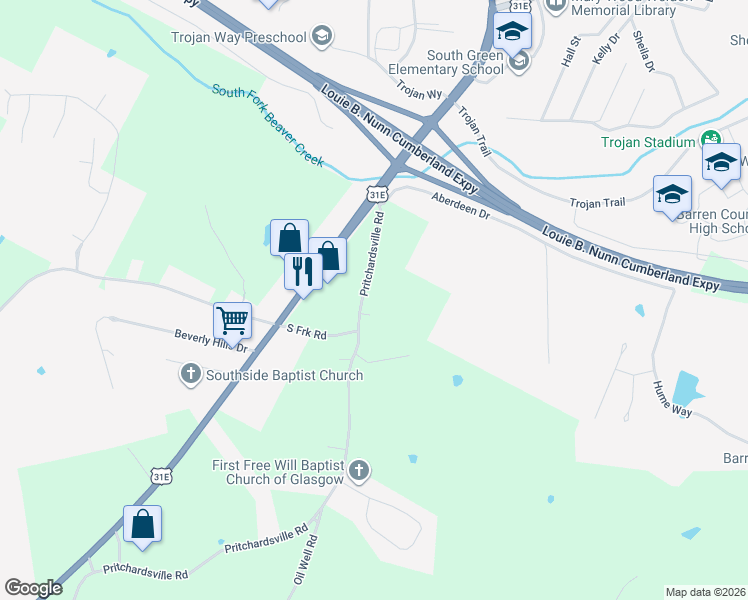map of restaurants, bars, coffee shops, grocery stores, and more near 213-217 Pritchardsville Road in Glasgow