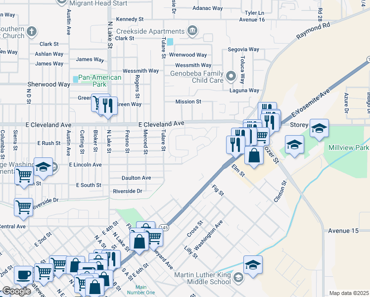 map of restaurants, bars, coffee shops, grocery stores, and more near 1218 East Cleveland Avenue in Madera