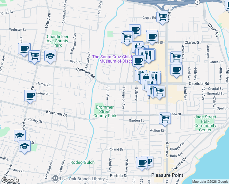 map of restaurants, bars, coffee shops, grocery stores, and more near in Capitola