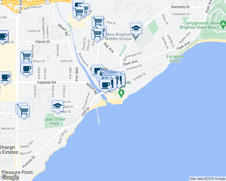 map of restaurants, bars, coffee shops, grocery stores, and more near 217 San Jose Avenue in Capitola