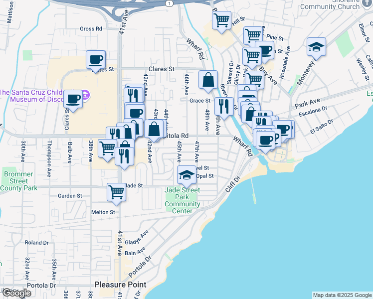 map of restaurants, bars, coffee shops, grocery stores, and more near 4610 Capitola Road in Capitola