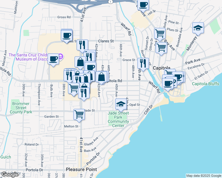 map of restaurants, bars, coffee shops, grocery stores, and more near 4450 Capitola Road in Capitola