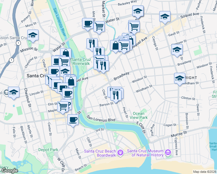 map of restaurants, bars, coffee shops, grocery stores, and more near 411 Broadway in Santa Cruz
