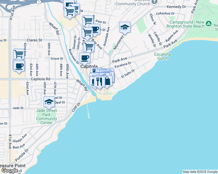 map of restaurants, bars, coffee shops, grocery stores, and more near 218 El Camino Medio in Capitola