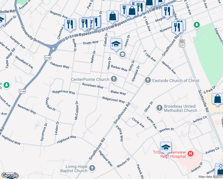 map of restaurants, bars, coffee shops, grocery stores, and more near 1000-1098 Roselawn Way in Bowling Green