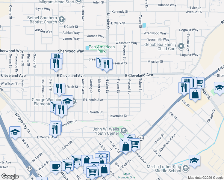 map of restaurants, bars, coffee shops, grocery stores, and more near 920 Grant Avenue in Madera