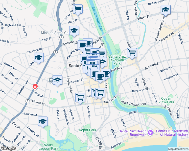 map of restaurants, bars, coffee shops, grocery stores, and more near 108 Walnut Avenue in Santa Cruz
