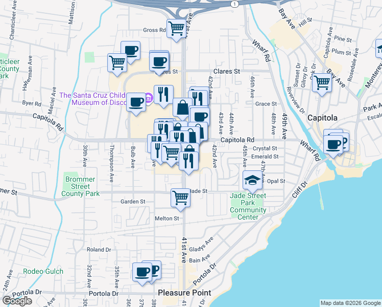 map of restaurants, bars, coffee shops, grocery stores, and more near 1649 41st Avenue in Capitola