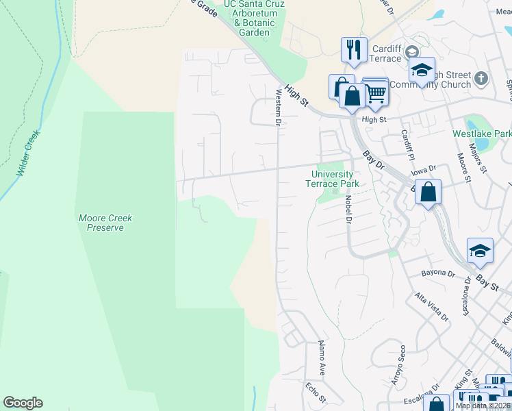 map of restaurants, bars, coffee shops, grocery stores, and more near 829 Western Drive in Santa Cruz