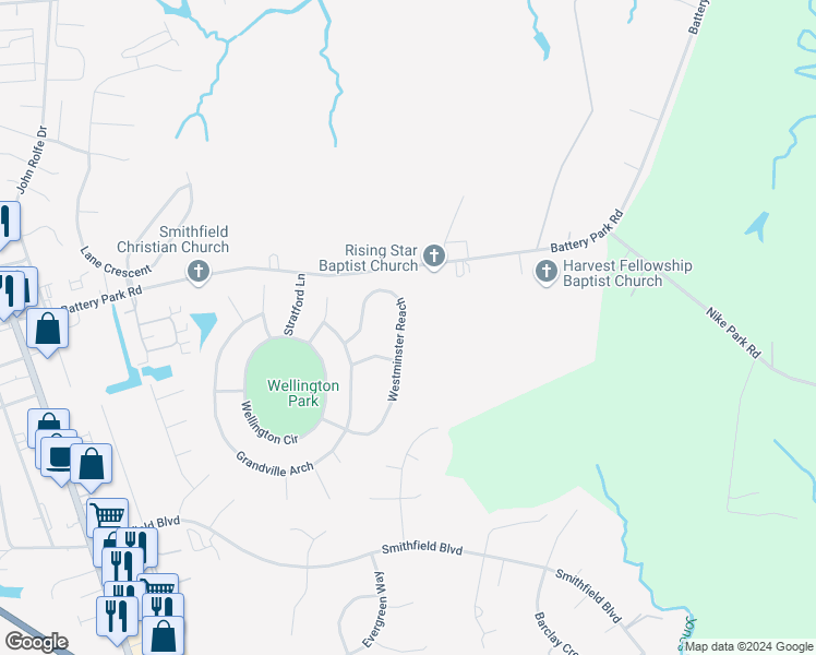 map of restaurants, bars, coffee shops, grocery stores, and more near 638 Westminster Reach in Smithfield