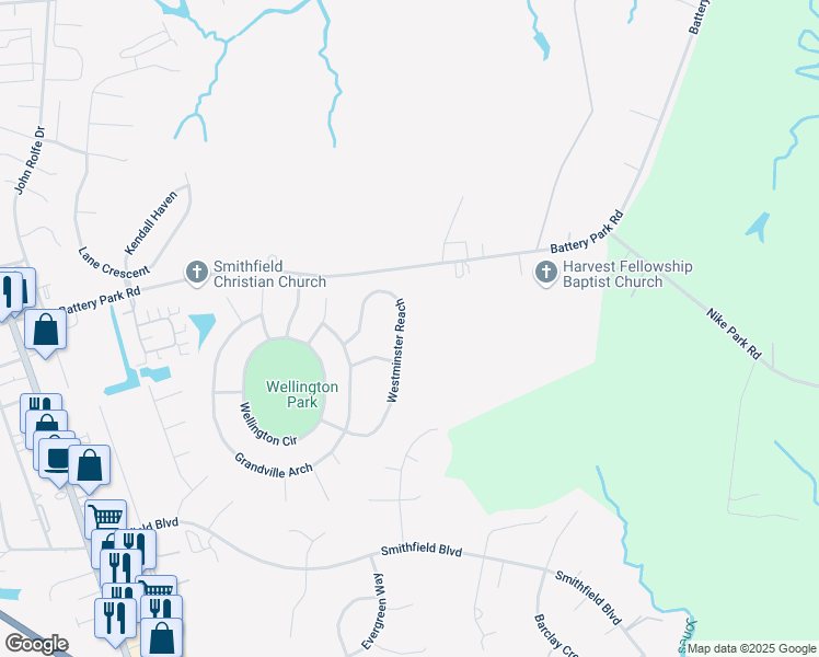 map of restaurants, bars, coffee shops, grocery stores, and more near 638 Westminster Reach in Smithfield