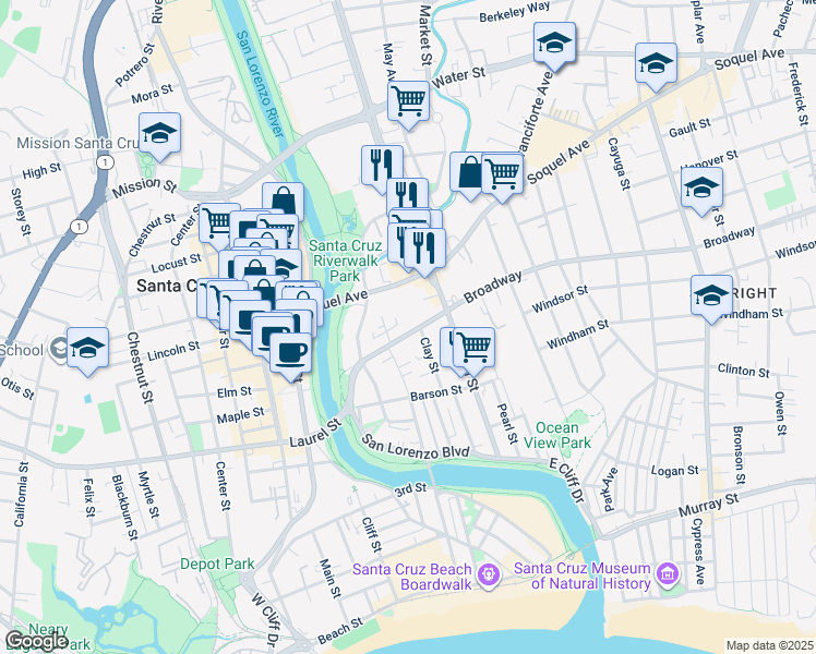 map of restaurants, bars, coffee shops, grocery stores, and more near 319 Broadway in Santa Cruz