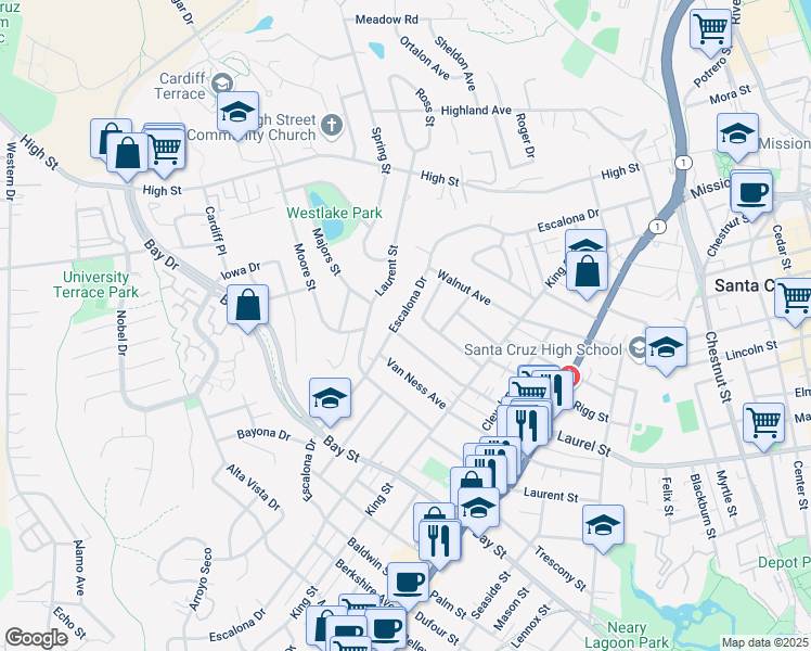 map of restaurants, bars, coffee shops, grocery stores, and more near 744 Escalona Drive in Santa Cruz
