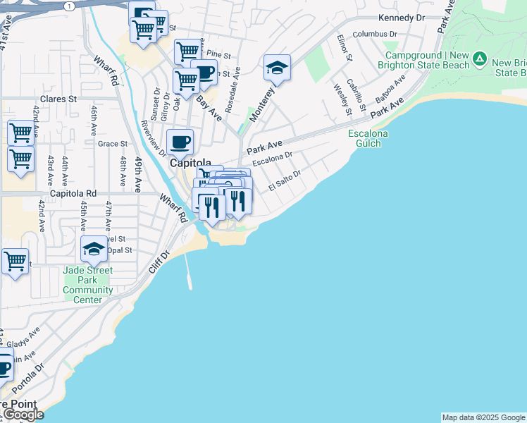 map of restaurants, bars, coffee shops, grocery stores, and more near 114 Grand Avenue in Capitola
