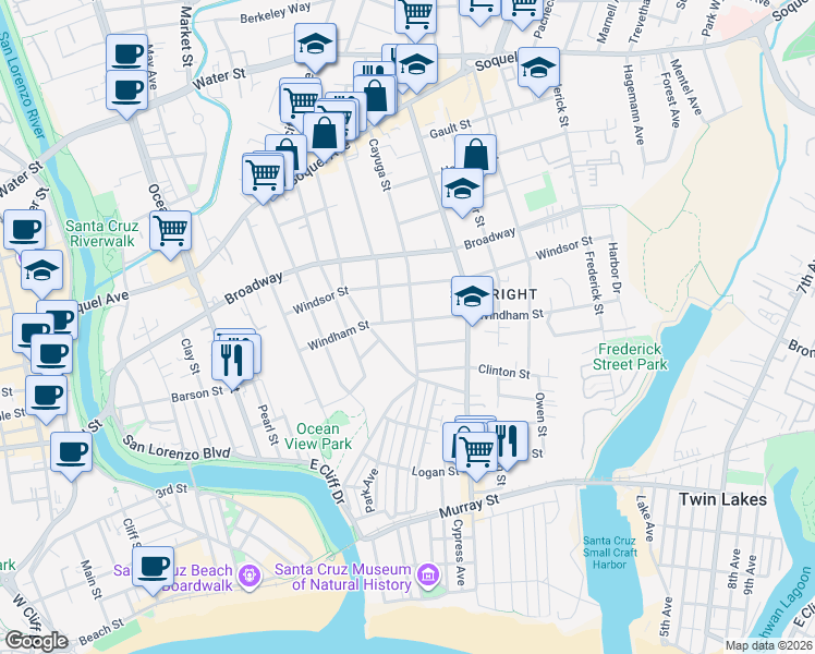 map of restaurants, bars, coffee shops, grocery stores, and more near 610 Cayuga Street in Santa Cruz