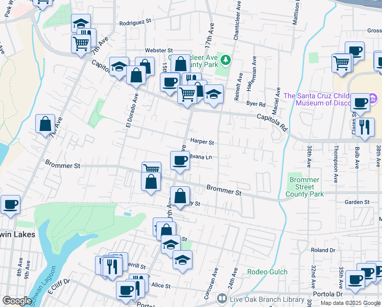 map of restaurants, bars, coffee shops, grocery stores, and more near 1817 Silvana Lane in Santa Cruz