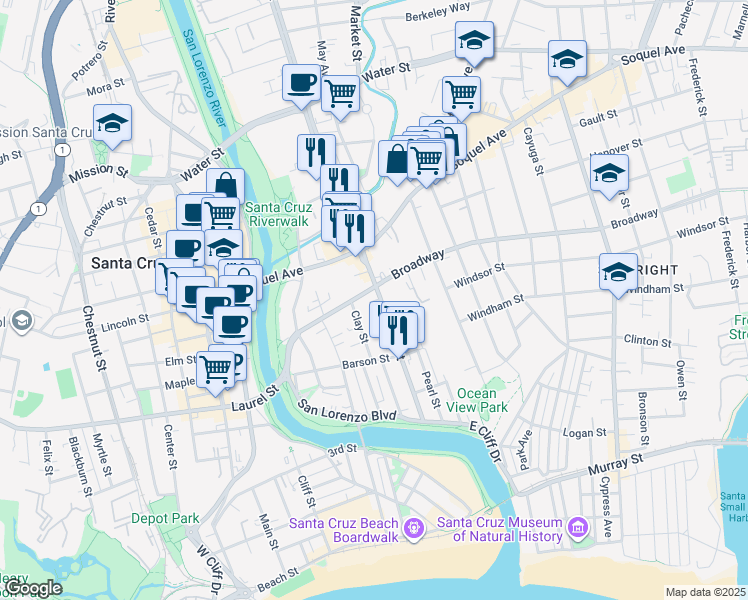 map of restaurants, bars, coffee shops, grocery stores, and more near 363 Ocean Street in Santa Cruz