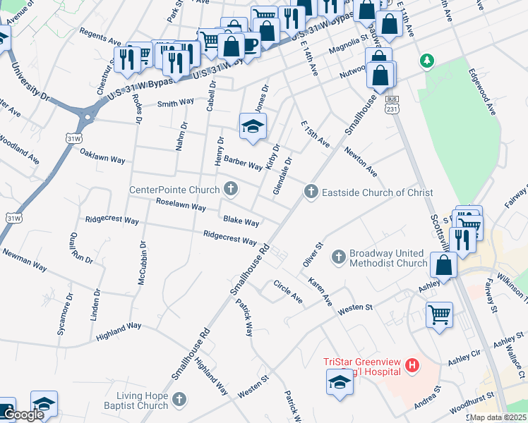 map of restaurants, bars, coffee shops, grocery stores, and more near 1807 Kirby Drive in Bowling Green