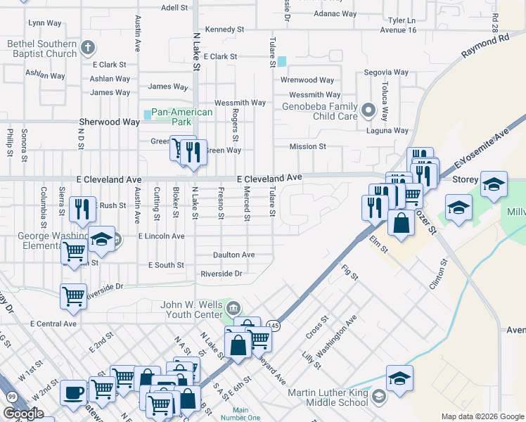 map of restaurants, bars, coffee shops, grocery stores, and more near 1116 Grant Avenue in Madera