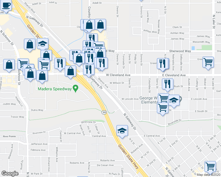 map of restaurants, bars, coffee shops, grocery stores, and more near 911 Sharon Avenue in Madera