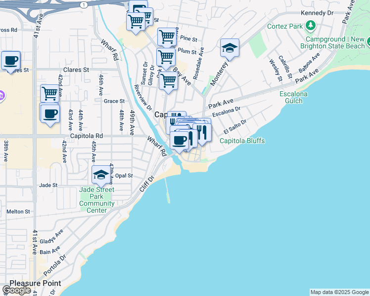 map of restaurants, bars, coffee shops, grocery stores, and more near 217 San Jose Avenue in Capitola