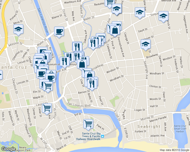 map of restaurants, bars, coffee shops, grocery stores, and more near 518 Broadway in Santa Cruz