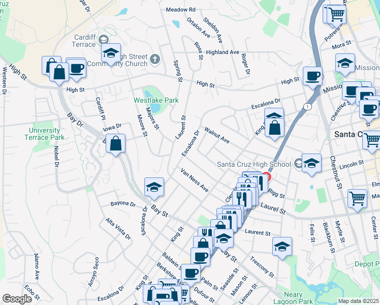 map of restaurants, bars, coffee shops, grocery stores, and more near 744 Escalona Drive in Santa Cruz