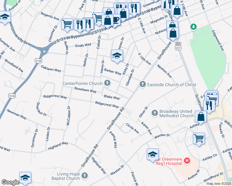 map of restaurants, bars, coffee shops, grocery stores, and more near 1098 Roselawn Way in Bowling Green