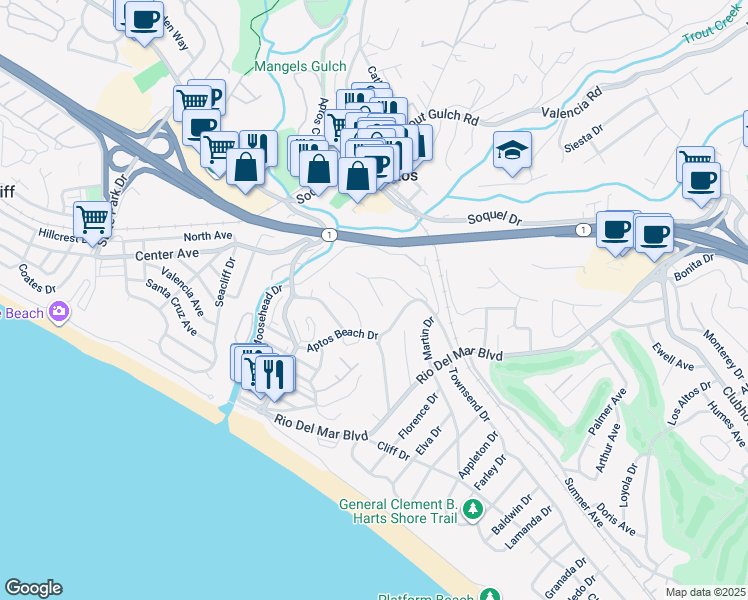 map of restaurants, bars, coffee shops, grocery stores, and more near 220 Shoreview Drive in Aptos