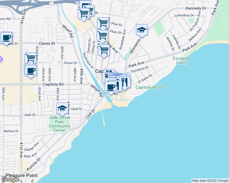 map of restaurants, bars, coffee shops, grocery stores, and more near 217 San Jose Avenue in Capitola