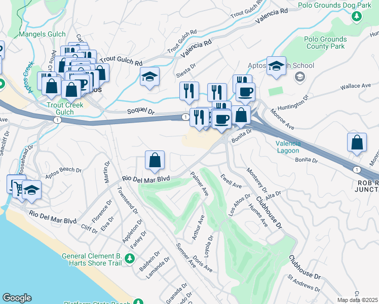 map of restaurants, bars, coffee shops, grocery stores, and more near 316 Spyglass Way in Aptos